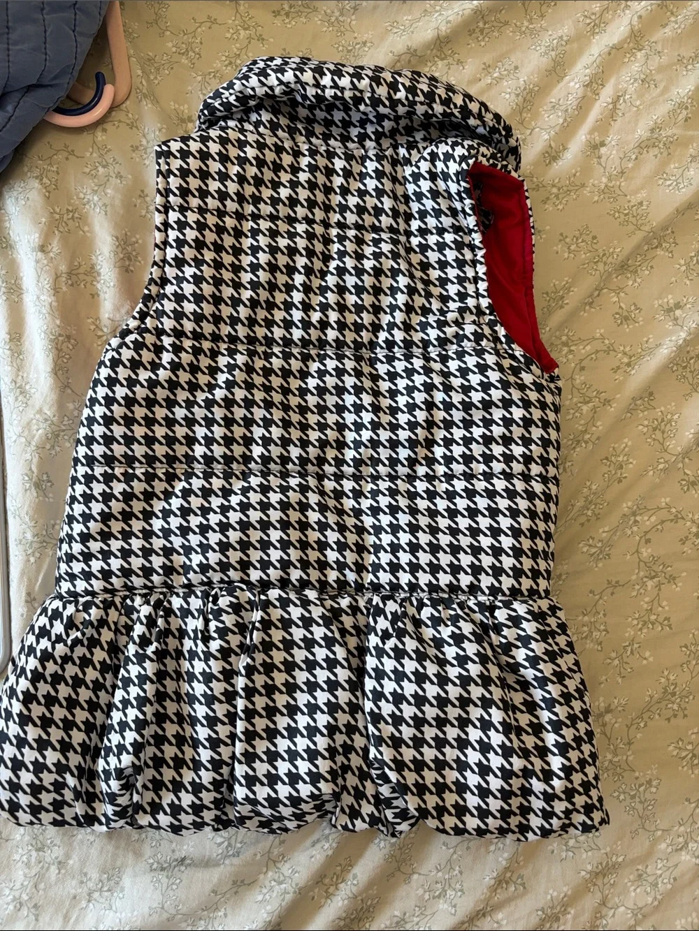 Houndstooth Puffer Vest Dress with Red Bow Accents